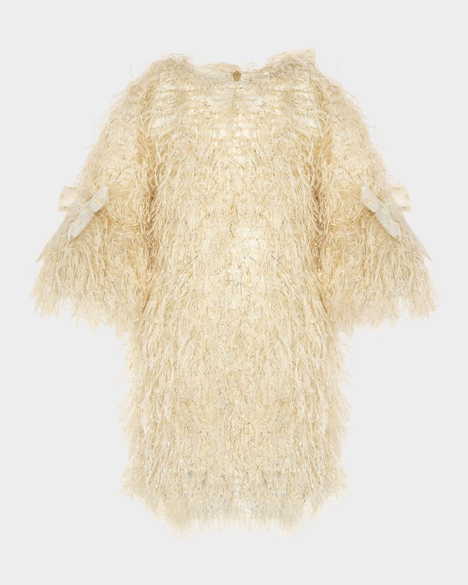 Girl's Fringe-Sleeve Feathered Dress, Size 3T